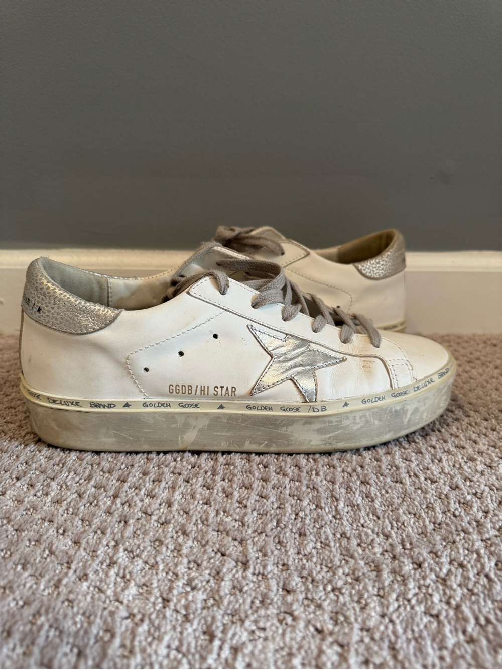 Golden Goose Hi Star Platform Sneakers White Silver Size 39